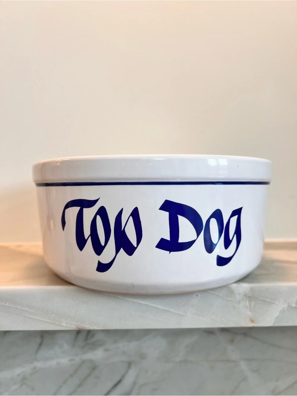Vintage Clay Design TOP DOG ceramic dog bowl white blue pet food dish